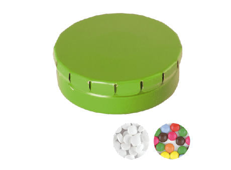 Runde Click-Blechdose (Ø 45 mm) standardmäßig gefüllt mit DutchDex Dextrose-Minzbonbons.Optional mit verschiedenen europäischen Füllungen erhältlich.