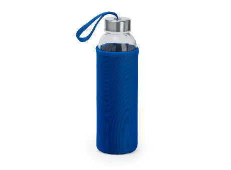 Glasflasche 500ml mit farbiger Neoprenhülle, der silberfarbene Metalldeckel ist mit einer farbigen Schlaufe versehen
