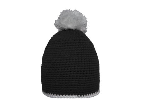 Pompon Hat with Contrast Stripe - Häkelmütze mit Kontrastrand und Pompon