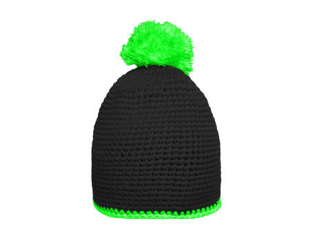 Pompon Hat with Contrast Stripe - Häkelmütze mit Kontrastrand und Pompon