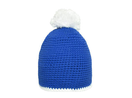 Pompon Hat with Contrast Stripe - Häkelmütze mit Kontrastrand und Pompon