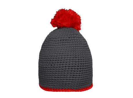 Pompon Hat with Contrast Stripe - Häkelmütze mit Kontrastrand und Pompon