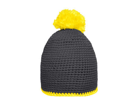 Pompon Hat with Contrast Stripe - Häkelmütze mit Kontrastrand und Pompon