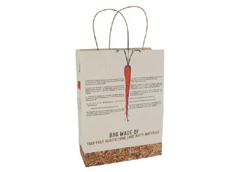 Tragetasche aus 50% baumfreiem Papier, 130 gsm, hergestellt aus landwirtschaftlichen Reststoffen 180x90x230 mm.