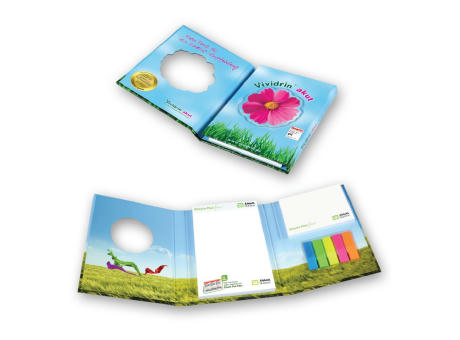 Hardcover-Booklet 12,5x16 cm mit Notizblock, Haftnotizen und Indexstreifen
