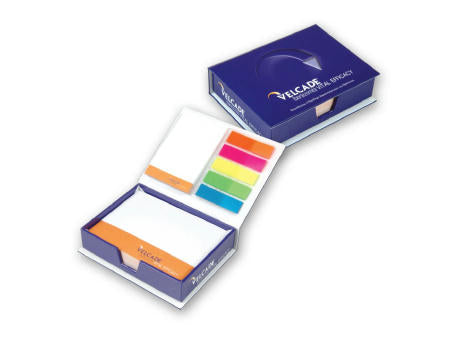 Hardcover-Box mit Notizzetteln, Haftnotizen und Indexstreifen