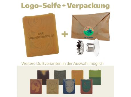 Logoseife groß in Papierumschlag mit Magnethalter (Frischgewicht 104g)
