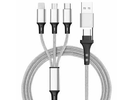 5in1 Ladekabel Nylon mit USB-A und TYP-C Kombistecker für Micro, TYP-C und Lightning 120cm Blau