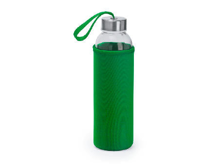 Glasflasche 500ml mit farbiger Neoprenhülle, der silberfarbene Metalldeckel ist mit einer farbigen Schlaufe versehen