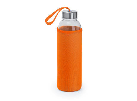 Glasflasche 500ml mit farbiger Neoprenhülle, der silberfarbene Metalldeckel ist mit einer farbigen Schlaufe versehen