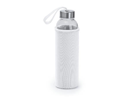 Glasflasche 500ml mit farbiger Neoprenhülle, der silberfarbene Metalldeckel ist mit einer farbigen Schlaufe versehen