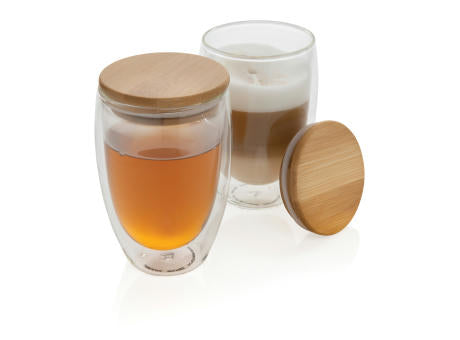 2-tlg Set Borosilikatgläser mit Bambusdeckel 350ml