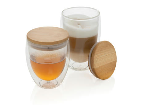 2-tlg Set Borosilikatgläser mit Bambusdeckel 350ml