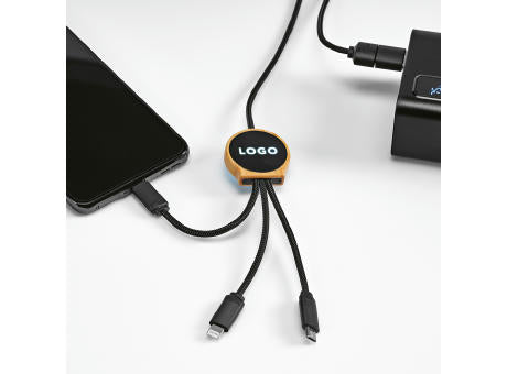 Asimov 5-in-1 Kabel aus Bambus und rPET. Mit hinterleuchtetem Logo