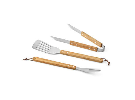 Turner Barbecue-Set aus Bambus. Mit Etui, Zange, Gabel und Spatel
