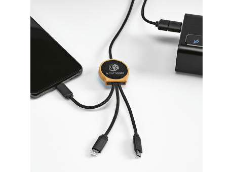 Asimov 5-in-1 Kabel aus Bambus und rPET. Mit hinterleuchtetem Logo