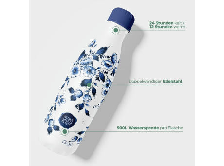 Trinkflasche / Thermos Flasche x Delfter Blau Blüte - 500 ml