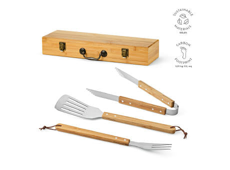 Turner Barbecue-Set aus Bambus. Mit Etui, Zange, Gabel und Spatel