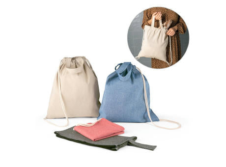 RISSANI. Tragetasche/Turnbeutel (2in1) aus recycelter Baumwolle (70%) und polyester (30% rPET) (140 g/m²)