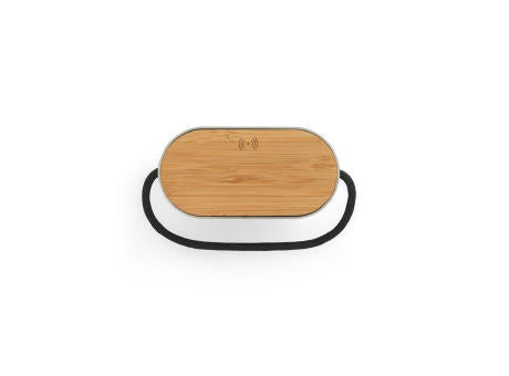 GUETTA. Tragbarer 5W-Lautsprecher mit superschnellem kabellosem 15W-Ladegerät und 2h Akkulaufzeit aus Bambus und Recyceltes PET (100% rPET)