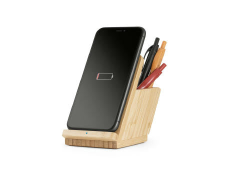 LEAVITT. Smartphone- und Kugelschreiberhalter mit 10W wireless Schnellladegerät aus Bambus