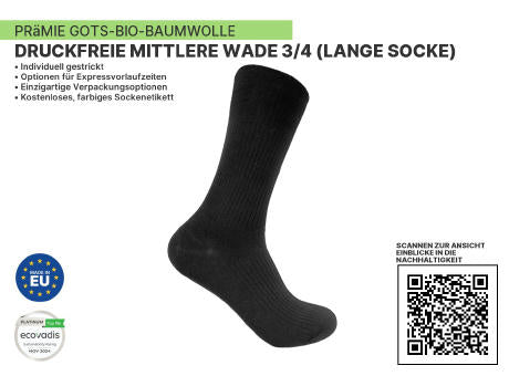 Pressure Free Premium Mid Calf 3/4 (lange Socke) aus Bio-Baumwolle.