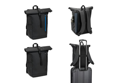 OSASCO BPACK. Rolltop-Rucksack mit Reissverschlusssystem, bei dem das Oberteil aufgerollt werden kann, um es an das Volumen des Rucksacks anzupassen. Hergestellt aus recyceltem 600D-Polyester