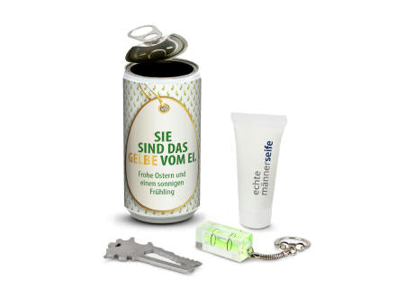Geschenkset / Präsenteset: Männer-Geheimnis Ostern, das Nest in der Dose - Etikett Frohe Ostern - EierWiese