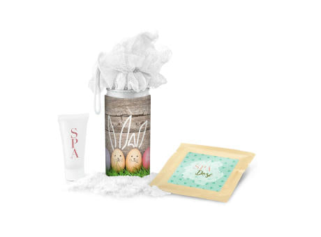 Geschenkset / Präsenteset: SPA Dose Ostern, das Nest in der Dose - Etikett Frohe Ostern - EierWiese