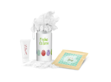 Geschenkset / Präsenteset: SPA Dose Ostern, das Nest in der Dose - Etikett Frohe Ostern - EierWiese