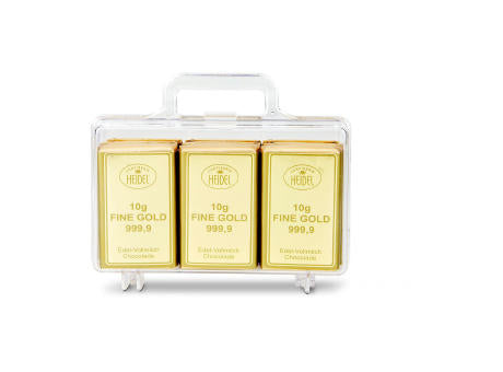 Geschenkartikel / Präsentartikel: Sie sind Gold wert - Goldkoffer mit 12 Goldbarren, Edelvollmilch-Schokolade (120 g)
