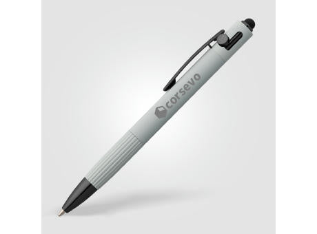 Saga Kugelschreiber mit Druckmechanismus und Stylus aus recyceltem Aluminium