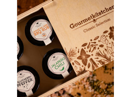 Gourmetkästchen mit 4 Gourmet Gewürzen - Tellicherry Pfeffer,   Kristallsalz, Jalapeno Chili grün und Jamaican BBQ Rub