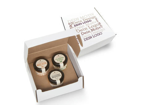 Geschenkkarton mit 3 Gourmet Gewürzen im Glas
