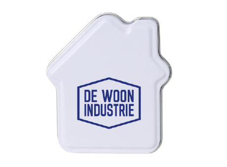 Metalldose in Hausform standardfüllung mit DutchDex Dextrose-Minzbonbons (HERGESTELLT IN DEN NIEDERLANDEN). Optional können Sie die Flasche mit versch