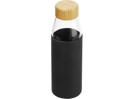 Hitzebeständige Glas-Trinkflasche 0,5 l mit Bambusdeckel, Silikonmanschette und Geschenkbox