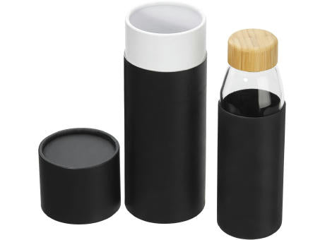 Hitzebeständige Glas-Trinkflasche 0,5 l mit Bambusdeckel, Silikonmanschette und Geschenkbox