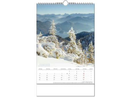 Kalender "Bergwelten" im Format 24 x 38,5 cm, mit Wire-O Bindung und verlängerter Rückwand