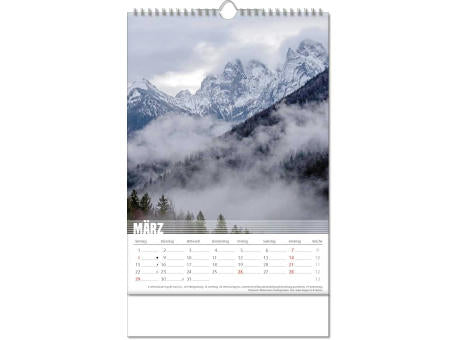 Kalender "Bergwelten" im Format 24 x 38,5 cm, mit Wire-O Bindung und verlängerter Rückwand