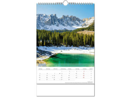Kalender "Bergwelten" im Format 24 x 38,5 cm, mit Wire-O Bindung und verlängerter Rückwand
