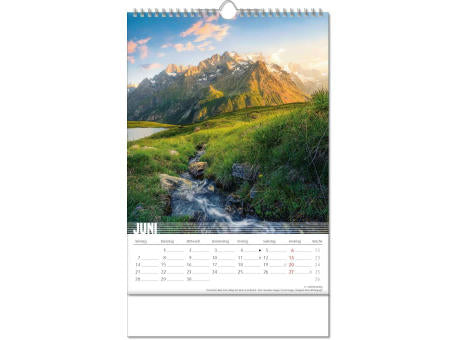 Kalender "Bergwelten" im Format 24 x 38,5 cm, mit Wire-O Bindung und verlängerter Rückwand