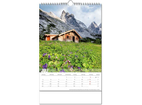 Kalender "Bergwelten" im Format 24 x 38,5 cm, mit Wire-O Bindung und verlängerter Rückwand