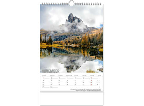 Kalender "Bergwelten" im Format 24 x 38,5 cm, mit Wire-O Bindung und verlängerter Rückwand