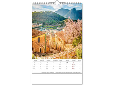 Kalender "Reiseziele" im Format 24 x 38,5 cm, mit Wire-O Bindung und verlängerter Rückwand