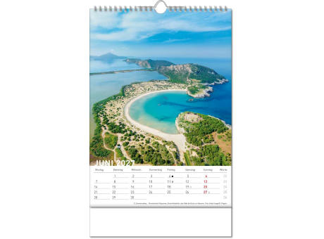 Kalender "Reiseziele" im Format 24 x 38,5 cm, mit Wire-O Bindung und verlängerter Rückwand