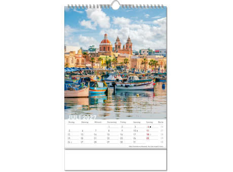 Kalender "Reiseziele" im Format 24 x 38,5 cm, mit Wire-O Bindung und verlängerter Rückwand
