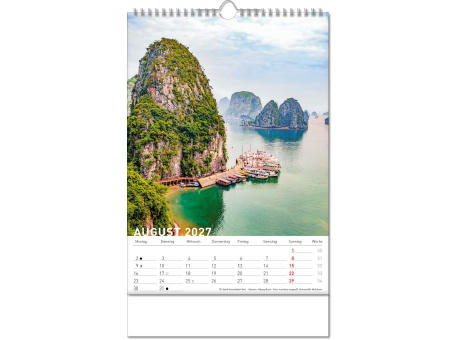 Kalender "Reiseziele" im Format 24 x 38,5 cm, mit Wire-O Bindung und verlängerter Rückwand
