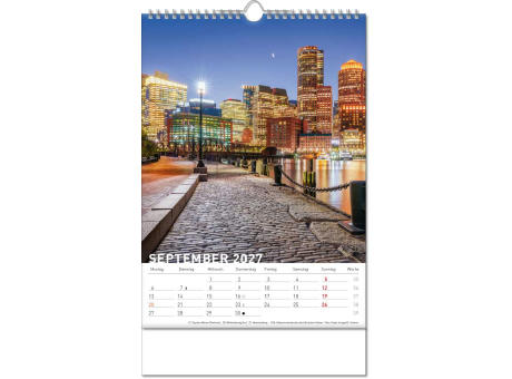 Kalender "Reiseziele" im Format 24 x 38,5 cm, mit Wire-O Bindung und verlängerter Rückwand