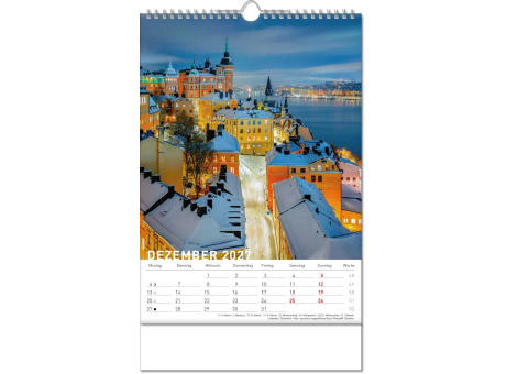 Kalender "Reiseziele" im Format 24 x 38,5 cm, mit Wire-O Bindung und verlängerter Rückwand