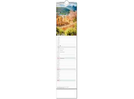 Kalender "Reiseziele" im Format 11 x 51 cm, mit Wire-O-Bindung und verlängerter Rückwand